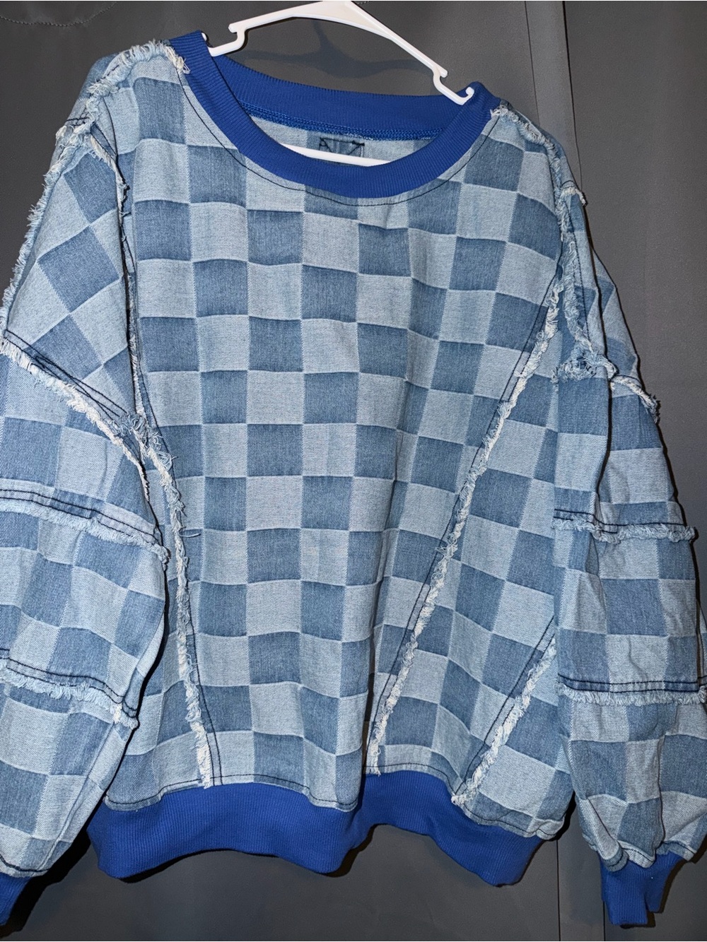Checkerboard Denim Pullover with Royal Blue Trim